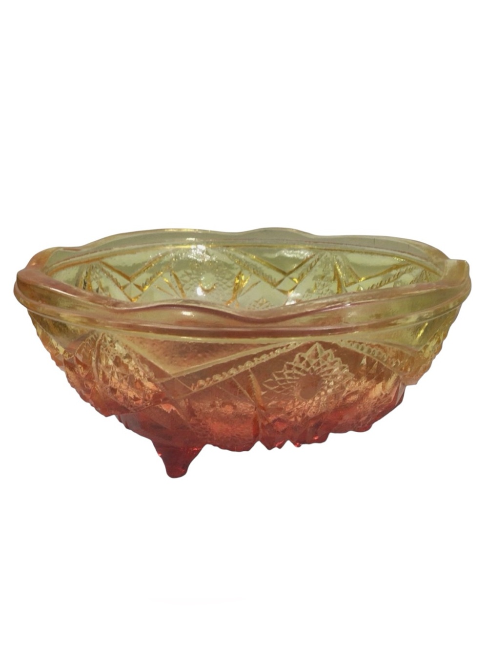 Vintage Jeanette Glass Fentec Amberina Stars & Arches 3 Footed Candy Dish 7”